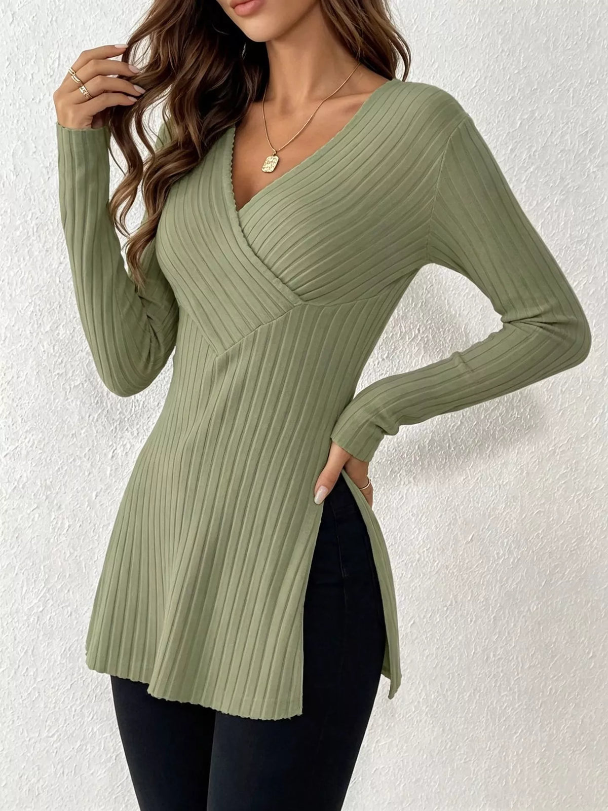 Ribbed Knit Long Sleeve Wrap T-Shirt with Side Slit - Lilixa.store