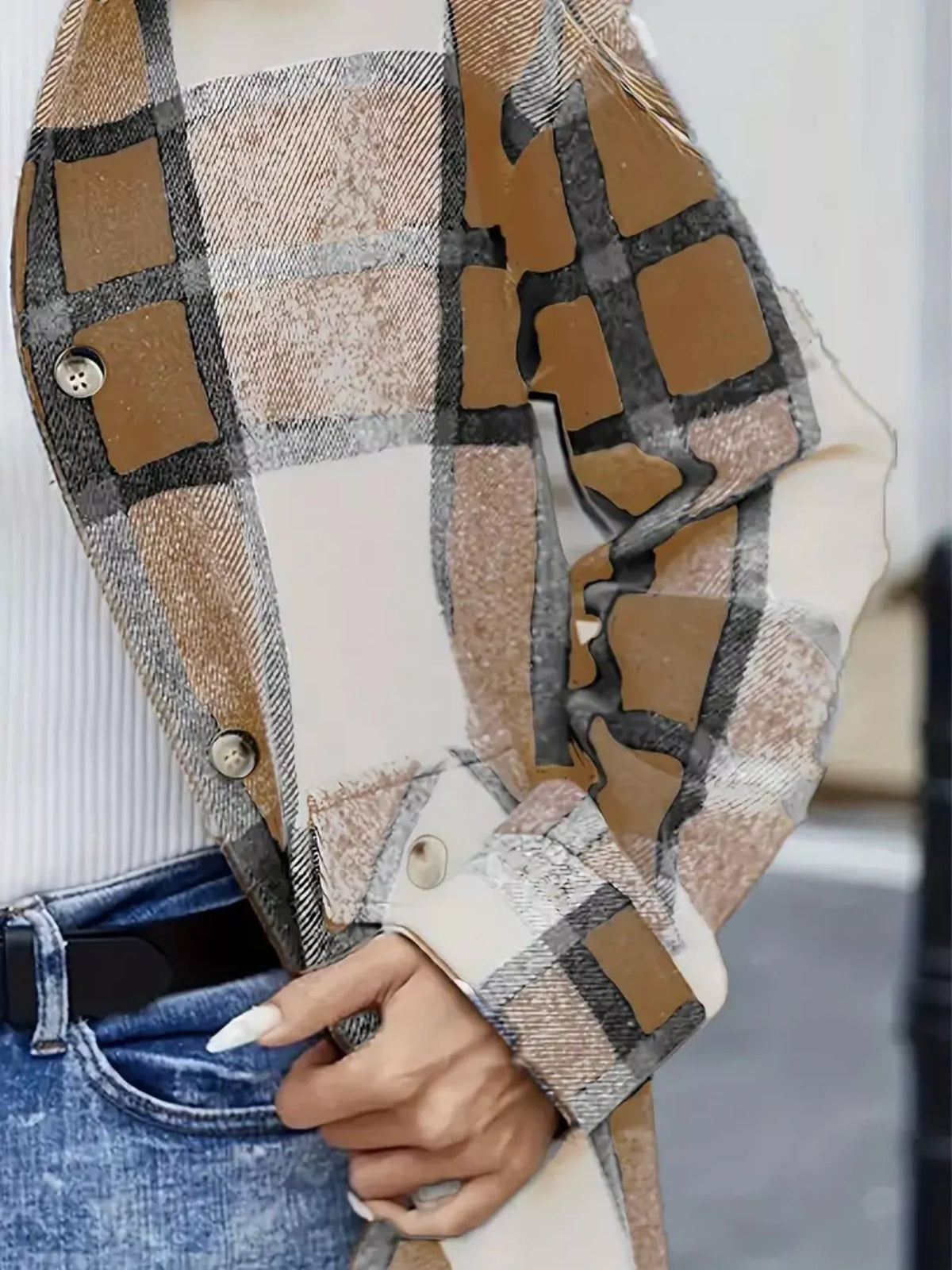Plaid Button-Up Long Sleeve Shacket, view 10