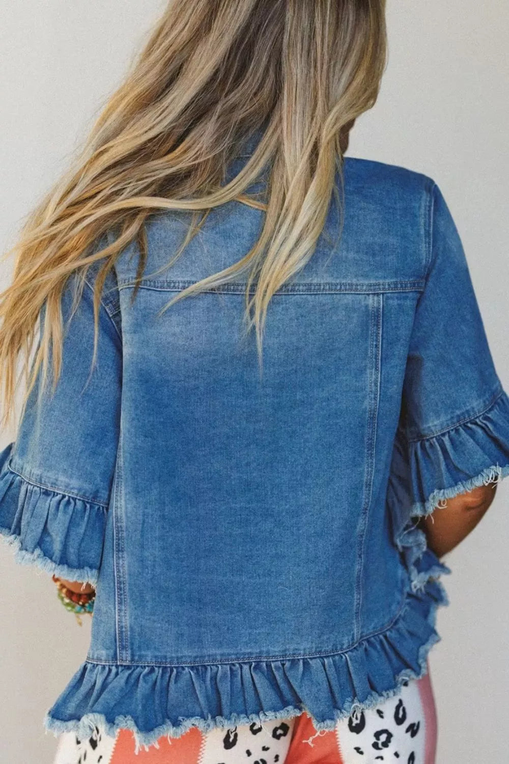 Ruffle Hem Raw Edge Half Sleeve Western Denim Jacket in Dusty Blue, view 2
