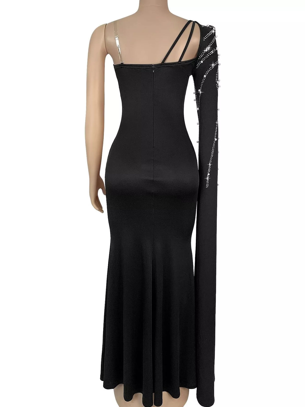 Rhinestone Pearl Detail One-Shoulder Mermaid Maxi Dress - Lilixa.store