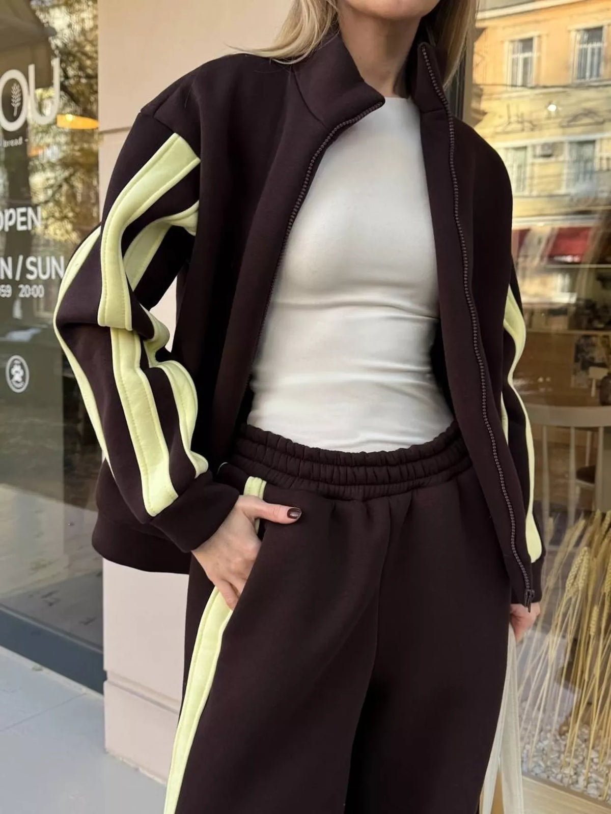 Contrast Striped Zip Up Top and Pants Set - Lilixa.store