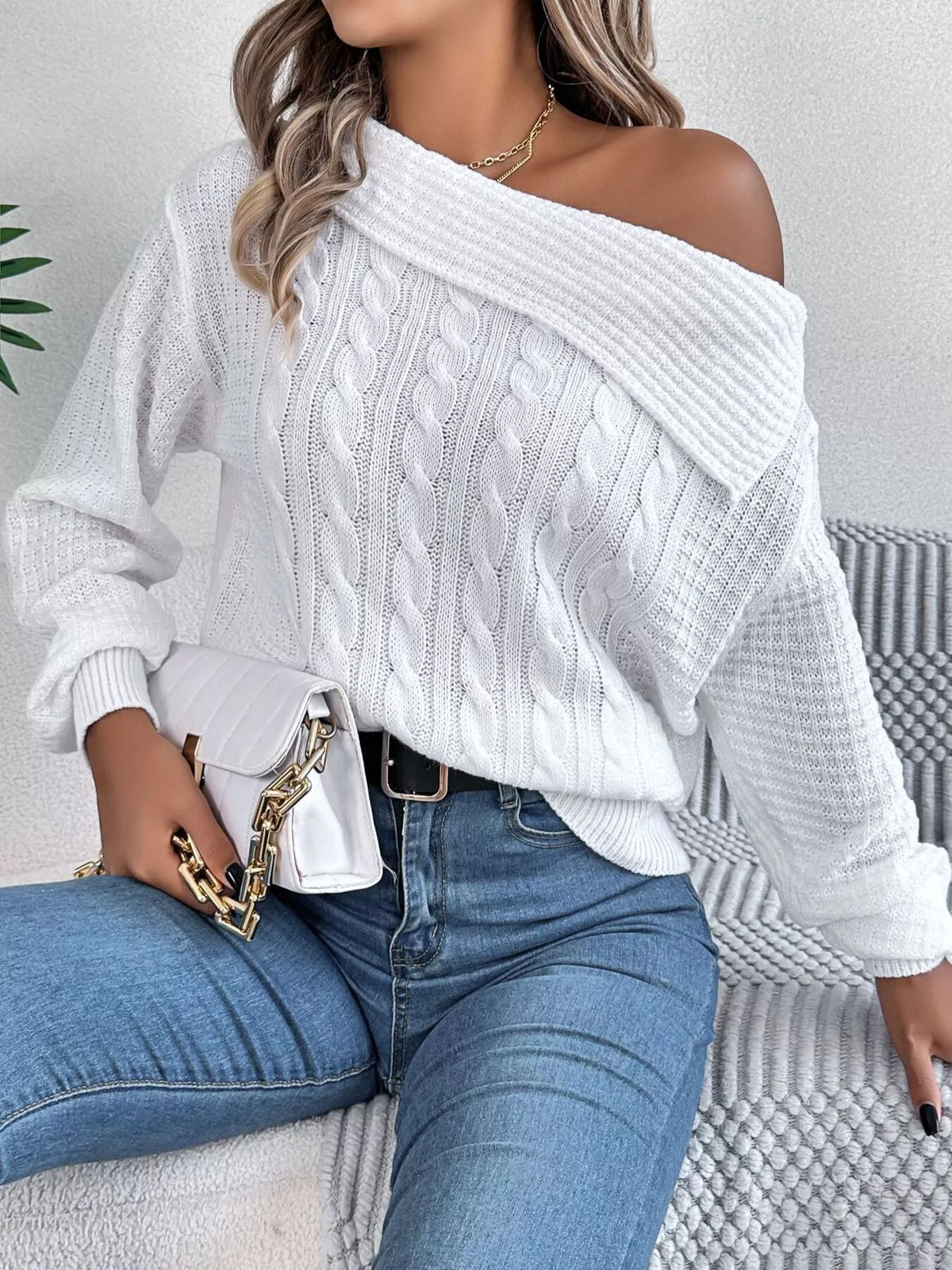 One Shoulder Cable Knit Sweater