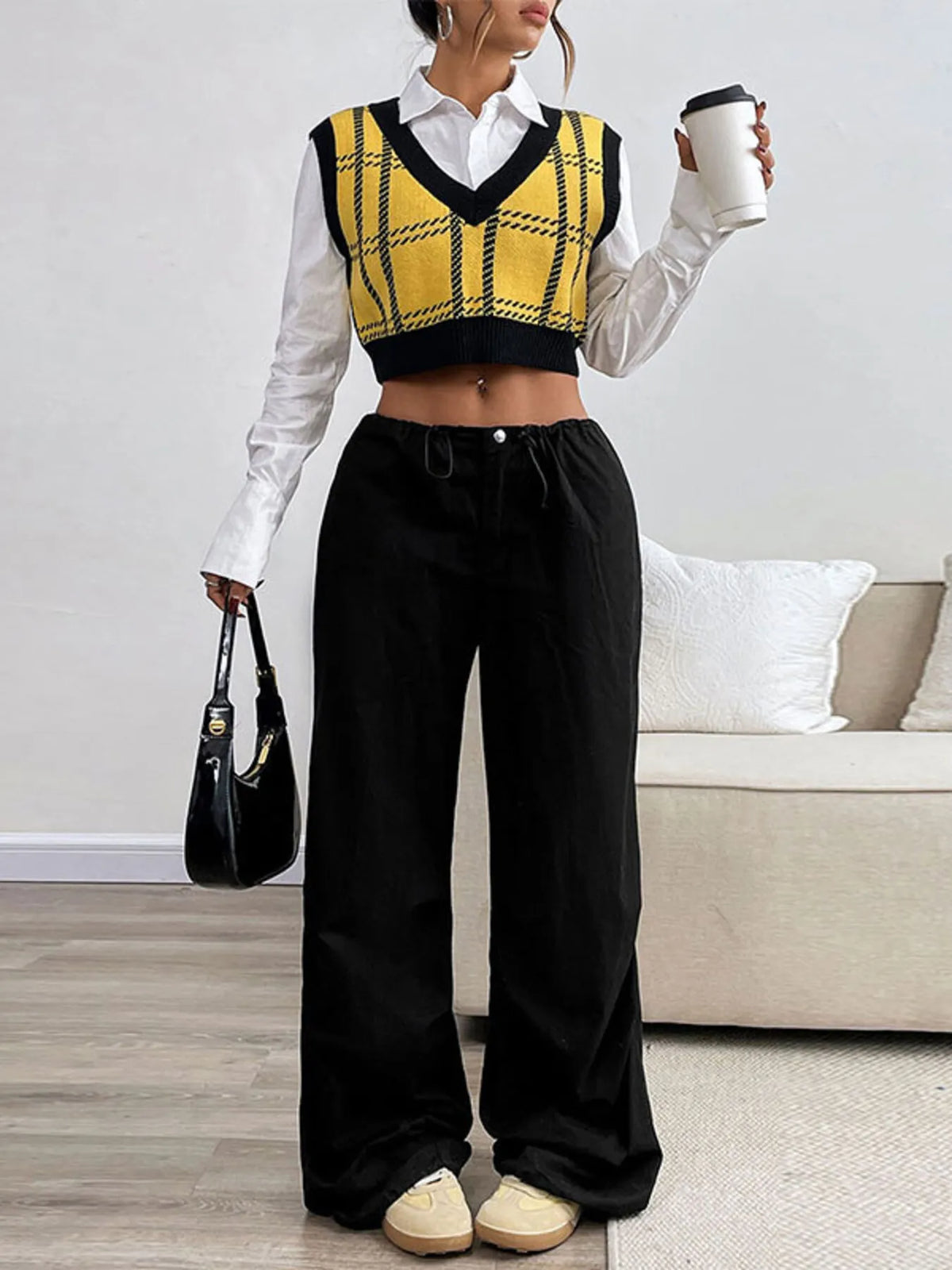 Plaid V-Neck Cropped Sweater Vest in Yellow, view 4
