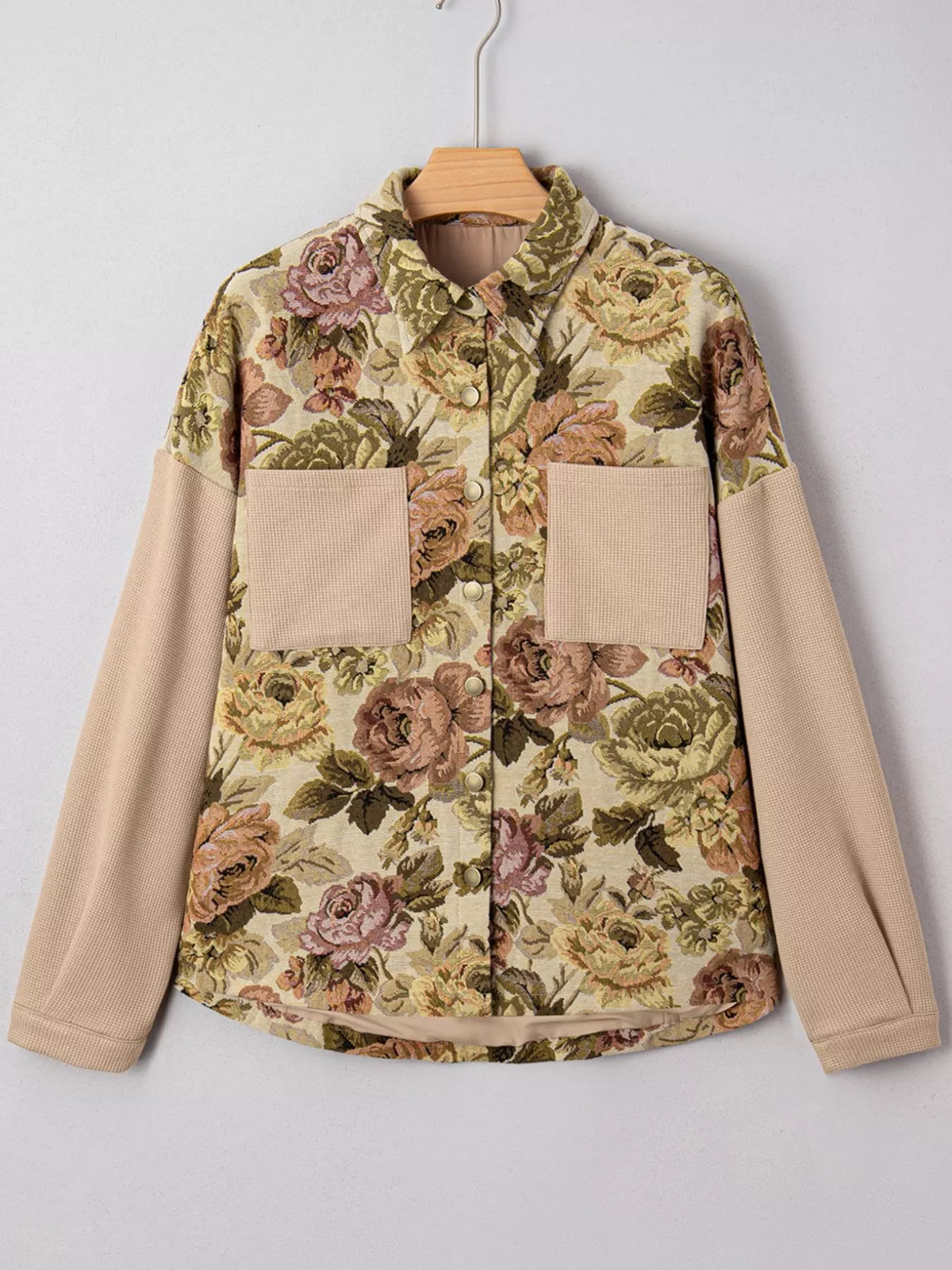 Floral Waffle Knit Patchwork Chest Pockets Buttoned Jacket in Tan, view 6