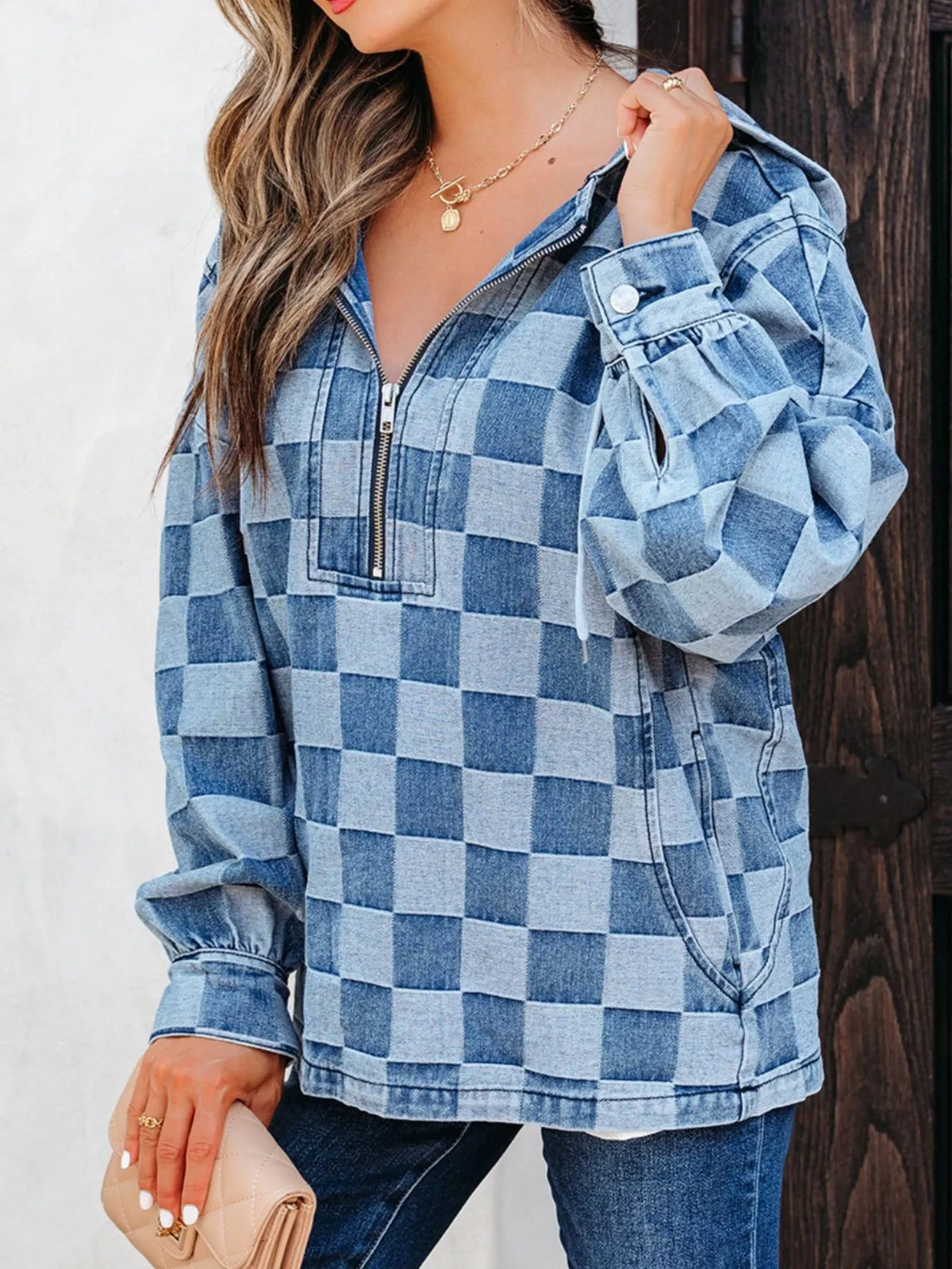 Checkered Half Zip Denim Hoodie Top - Lilixa.store