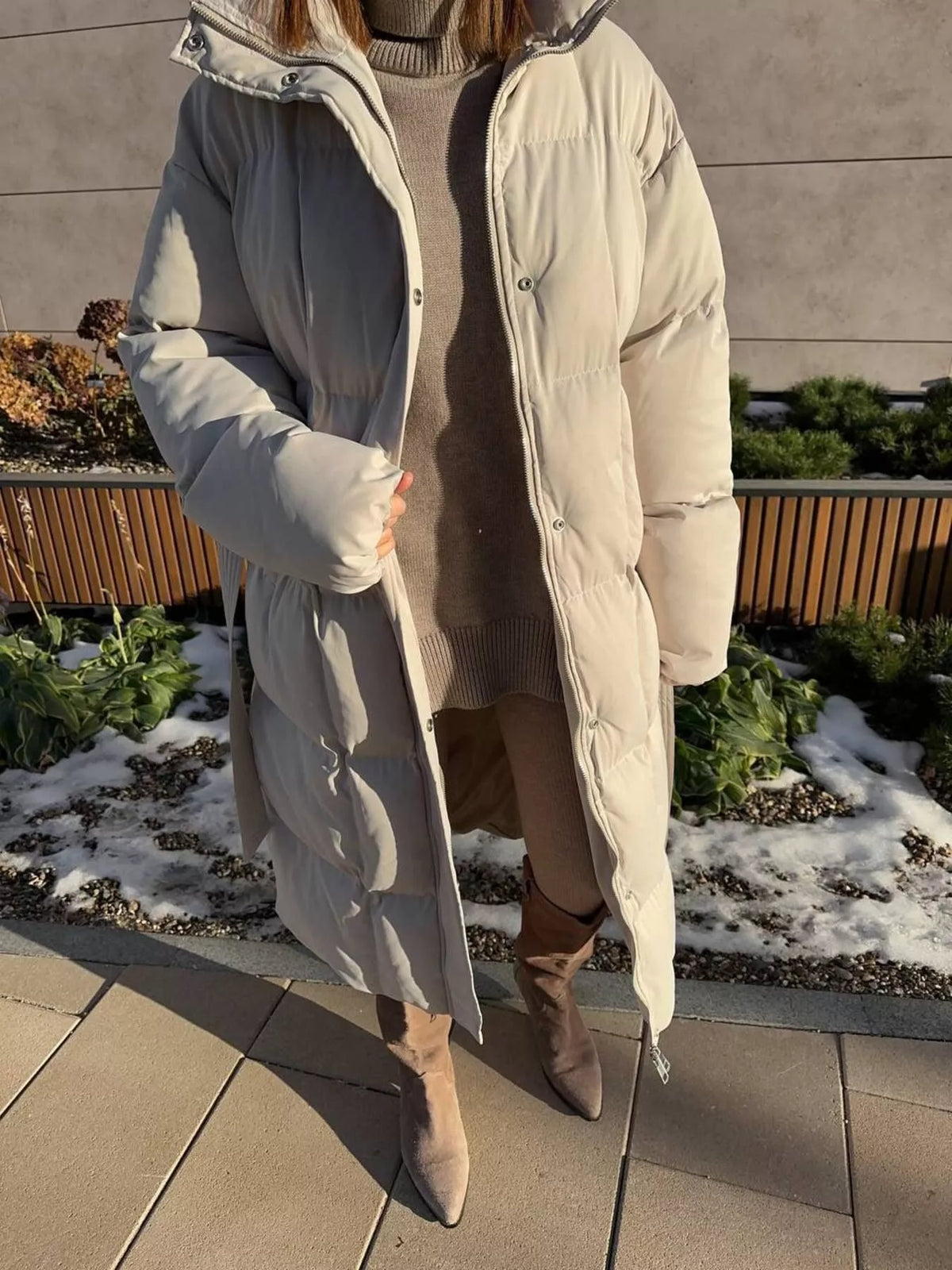 Longline Padded Winter Coat with Belted, view 3