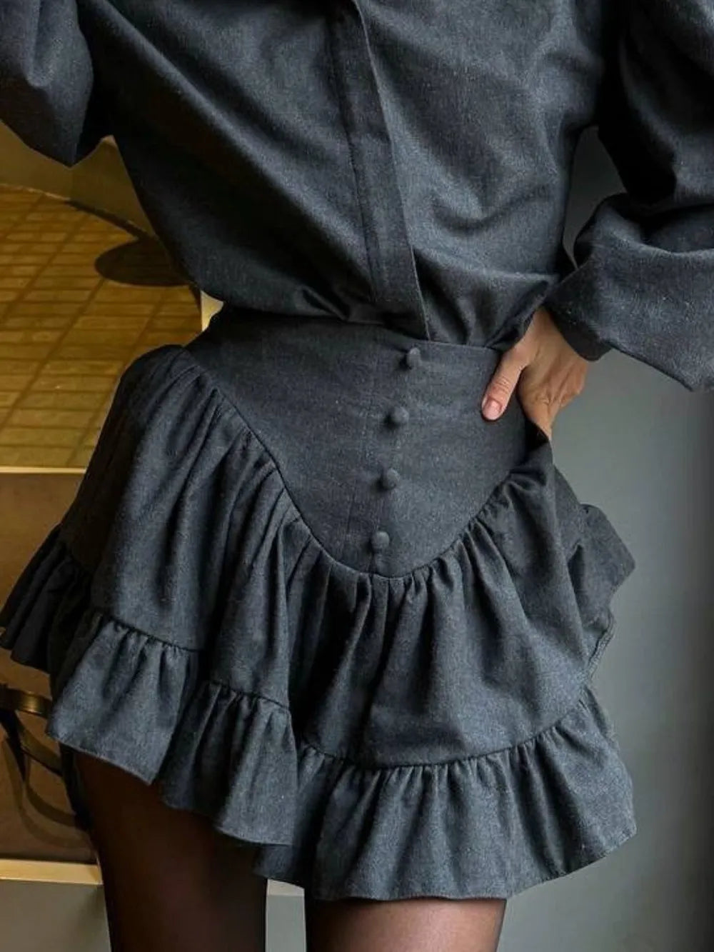 Lantern Sleeve Shirt and Ruffled Skirt Set - Lilixa.store