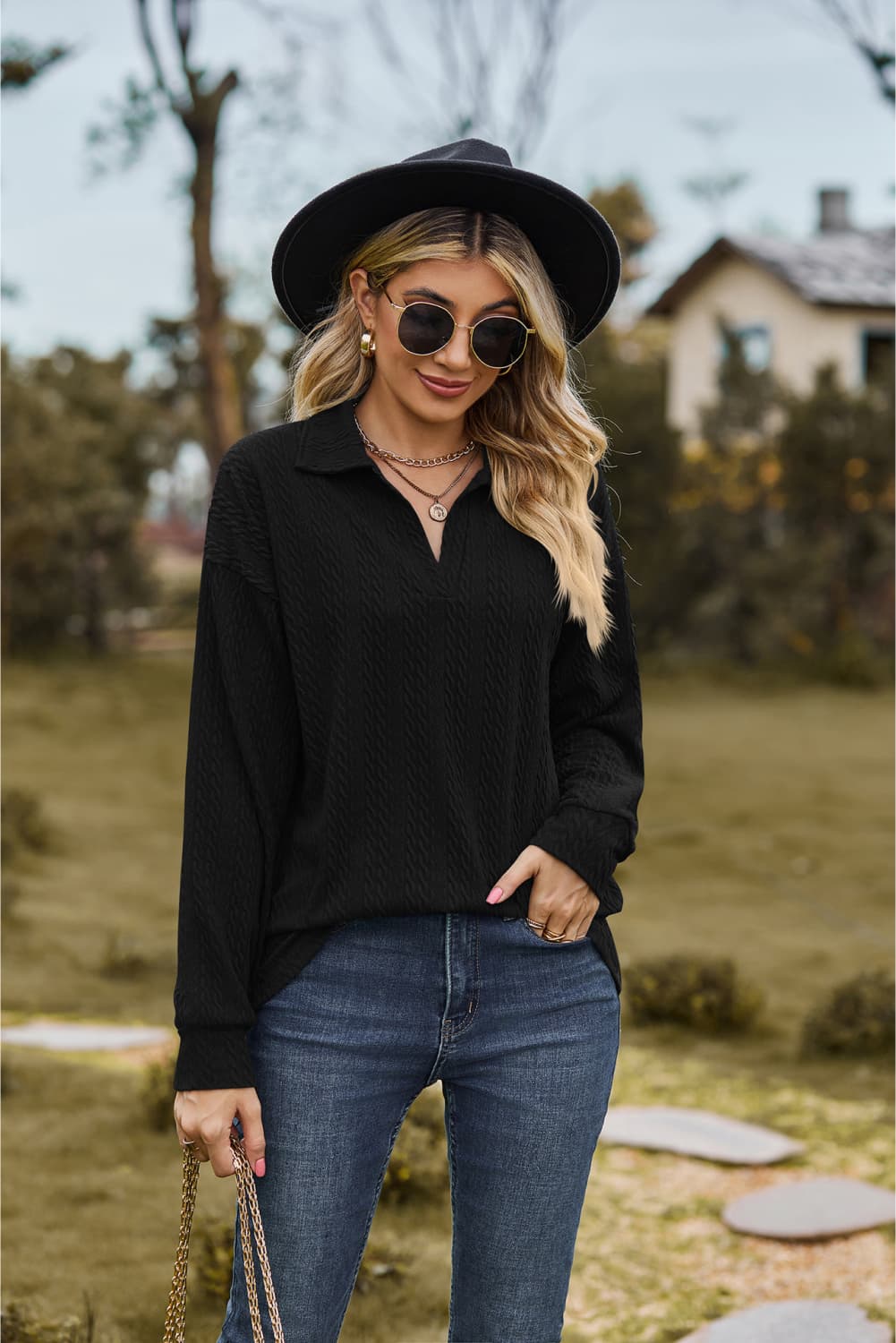 Collared Neck Cable-Knit Long Sleeve Blouse, view 13