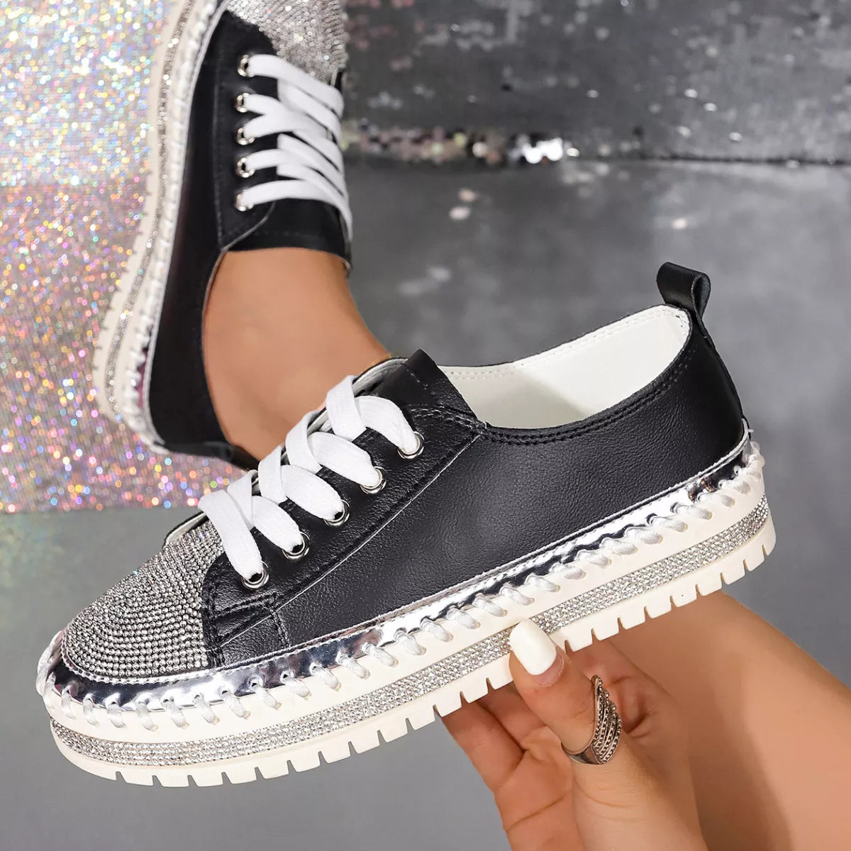 Rhinestone Round Toe Sneakers - Lilixa.store