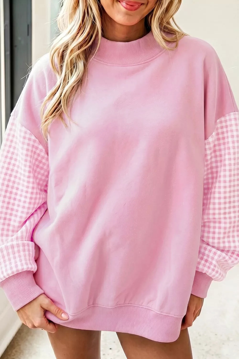 Plaid Sleeve Colorblock Loose Tunic Sweatshirt - Lilixa.store