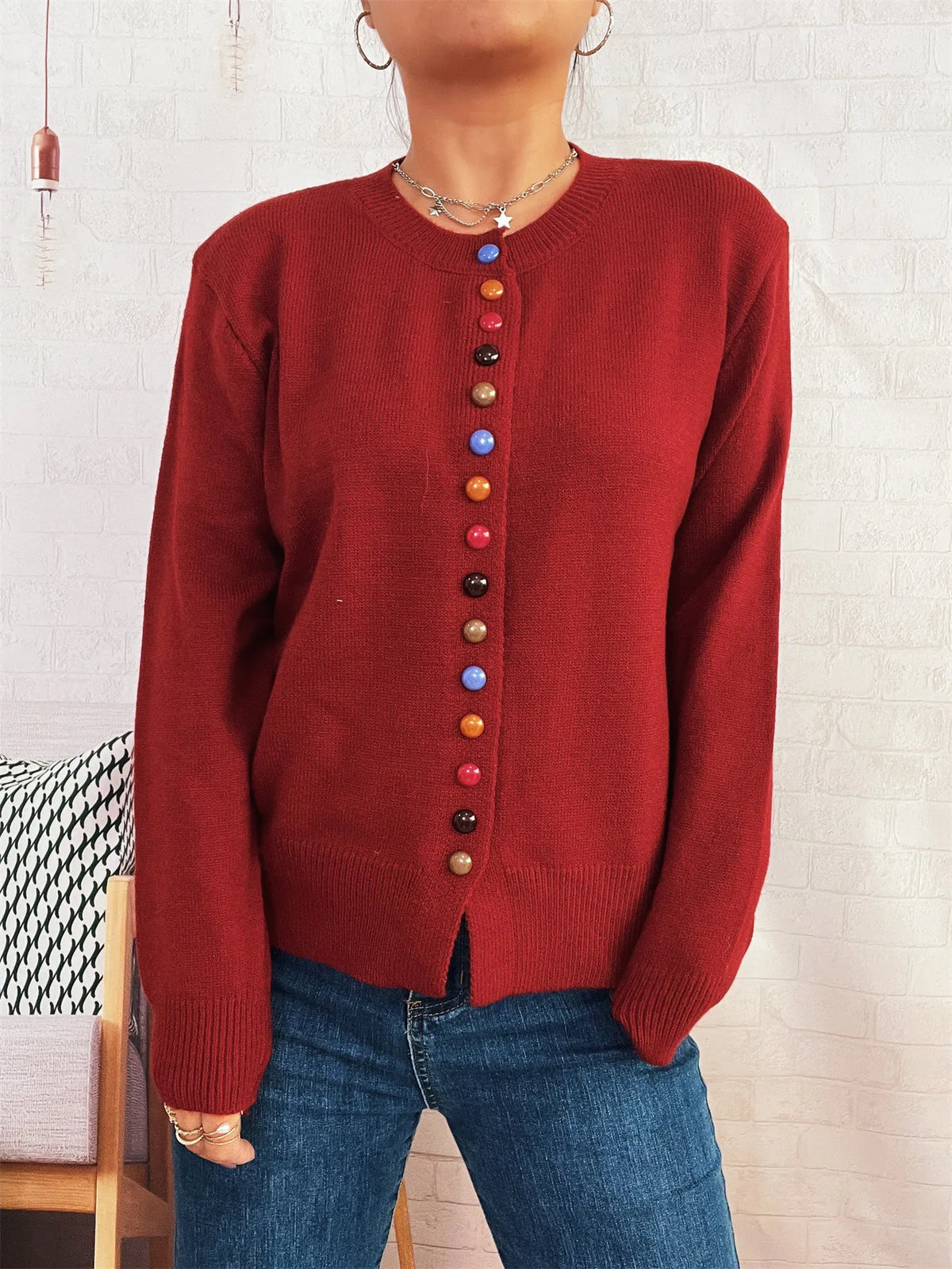 Button-Front Cardigan with Colorful Detail Buttons - Lilixa.store