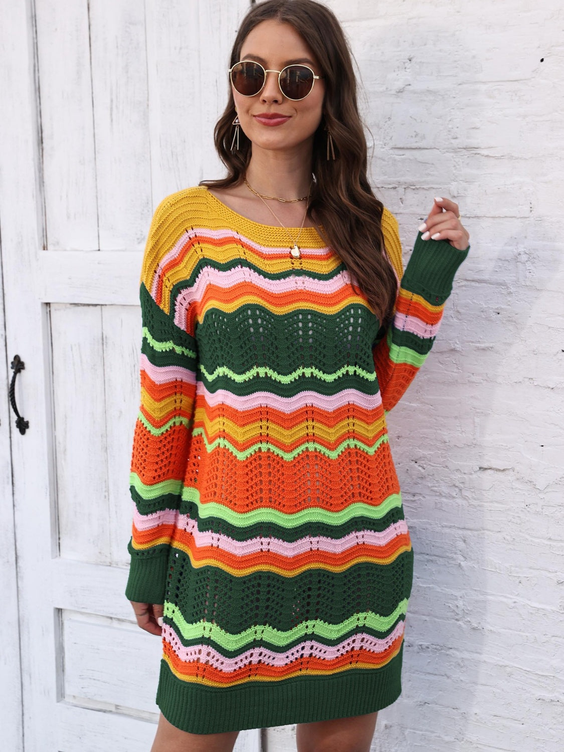 Openwork Round Neck Sweater Dress in Black Forest