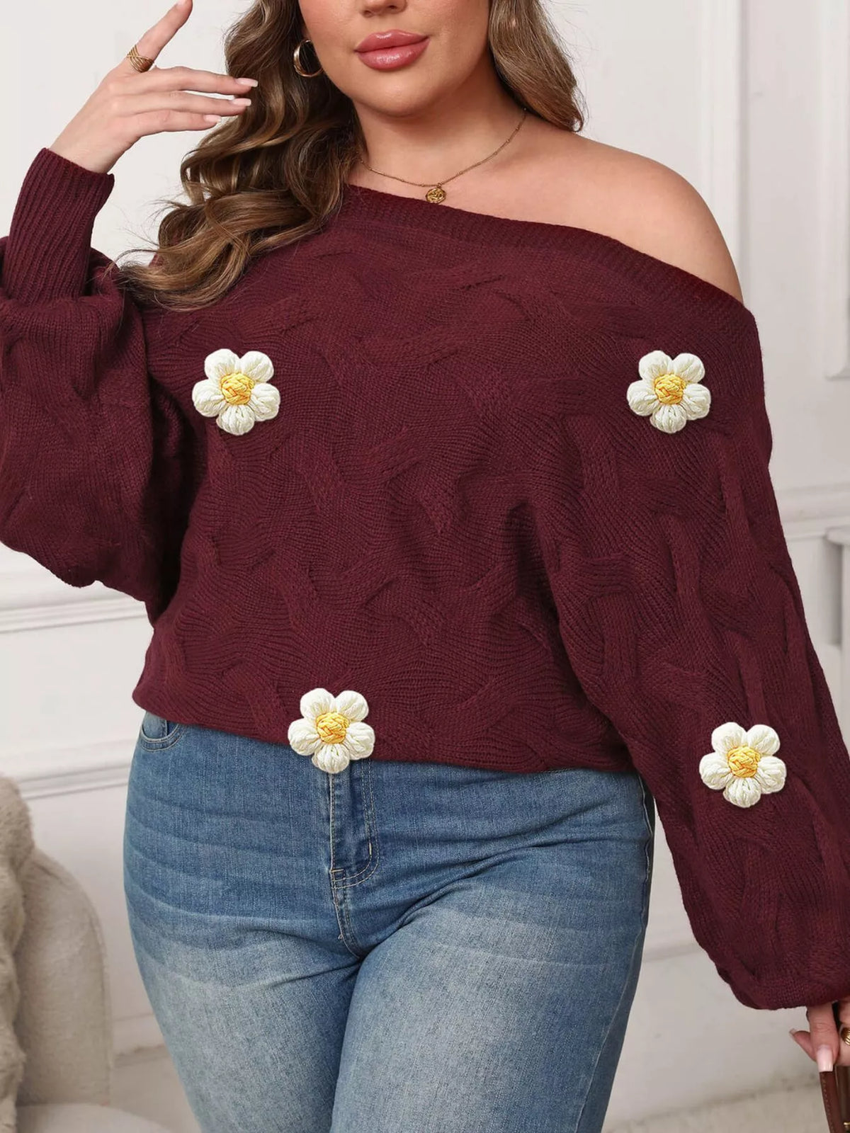 Plus Size One-Shoulder Floral Applique Sweater in Wine Red, view 4