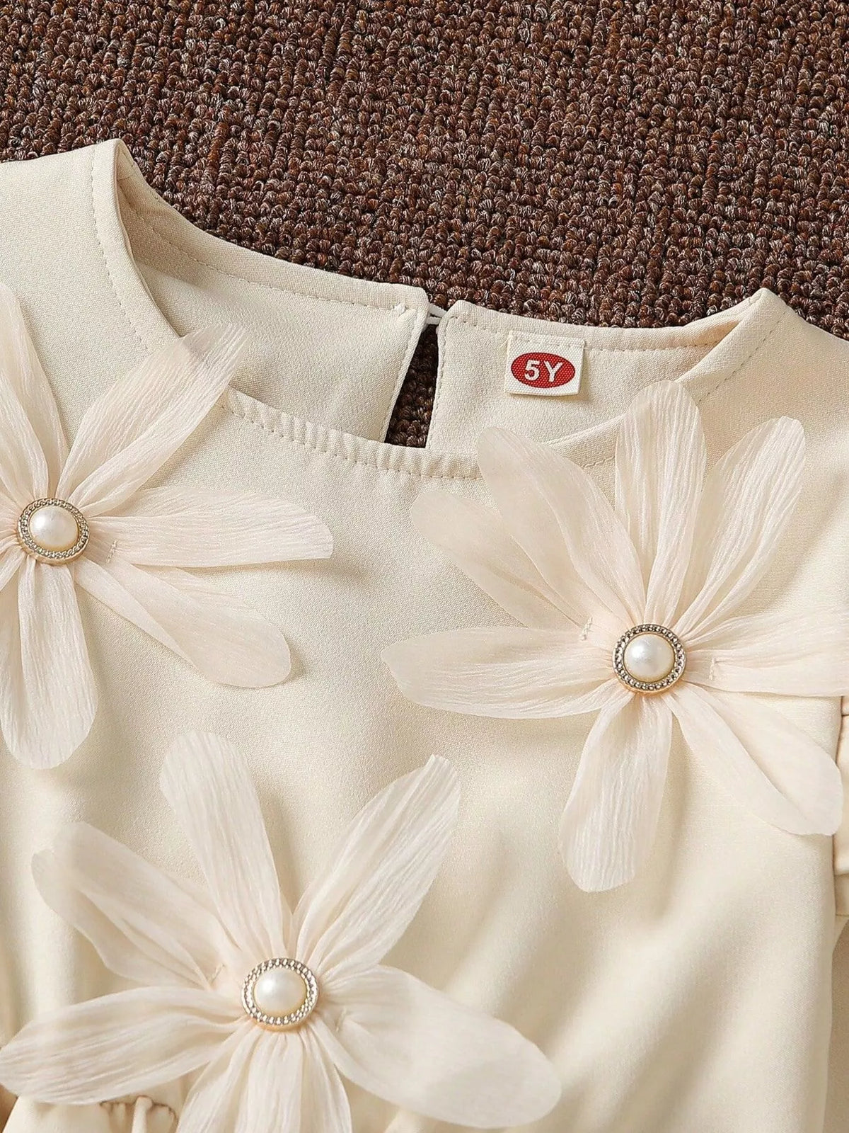 Children's Long-Sleeve Dress with 3D Floral Appliques and Pearl Accents in Apricot Color, view 3