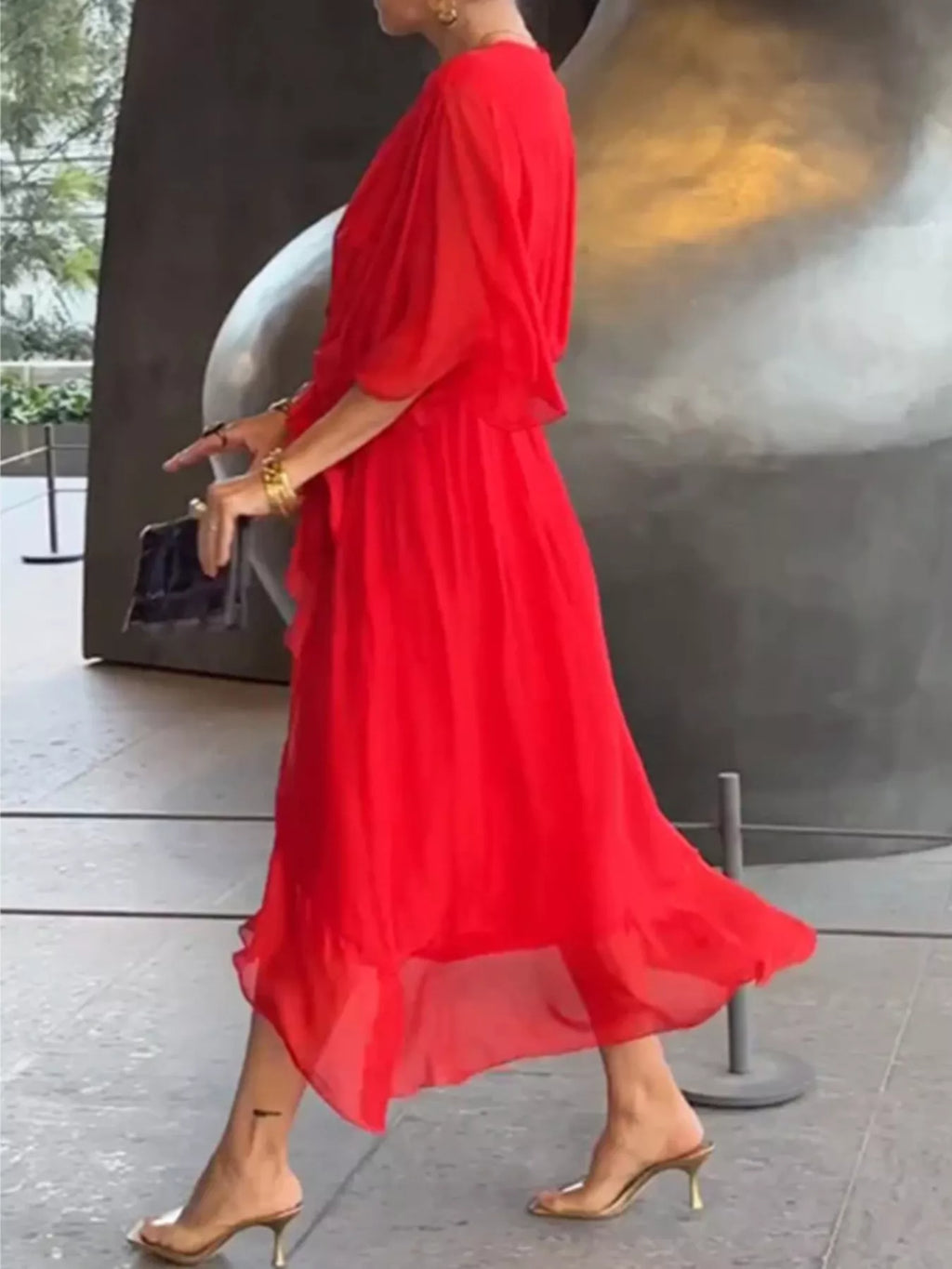 Full Size Chiffon Wrap Dress with Flutter Sleeves Plus Size - Lilixa.store