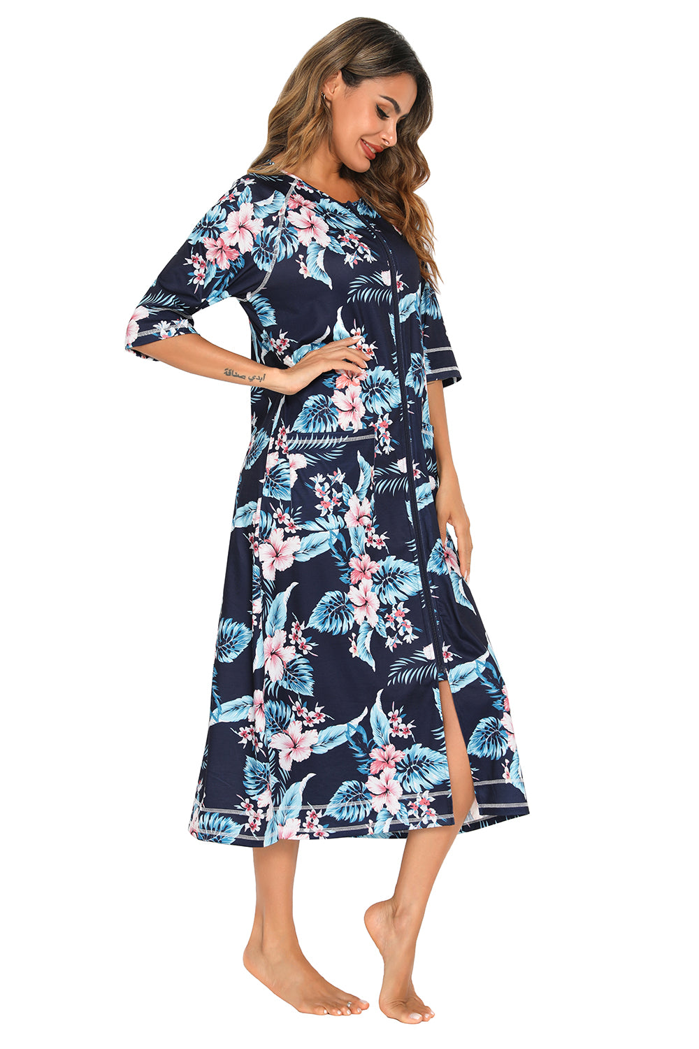 Printed Slit Night Dress with Pockets - Lilixa.store