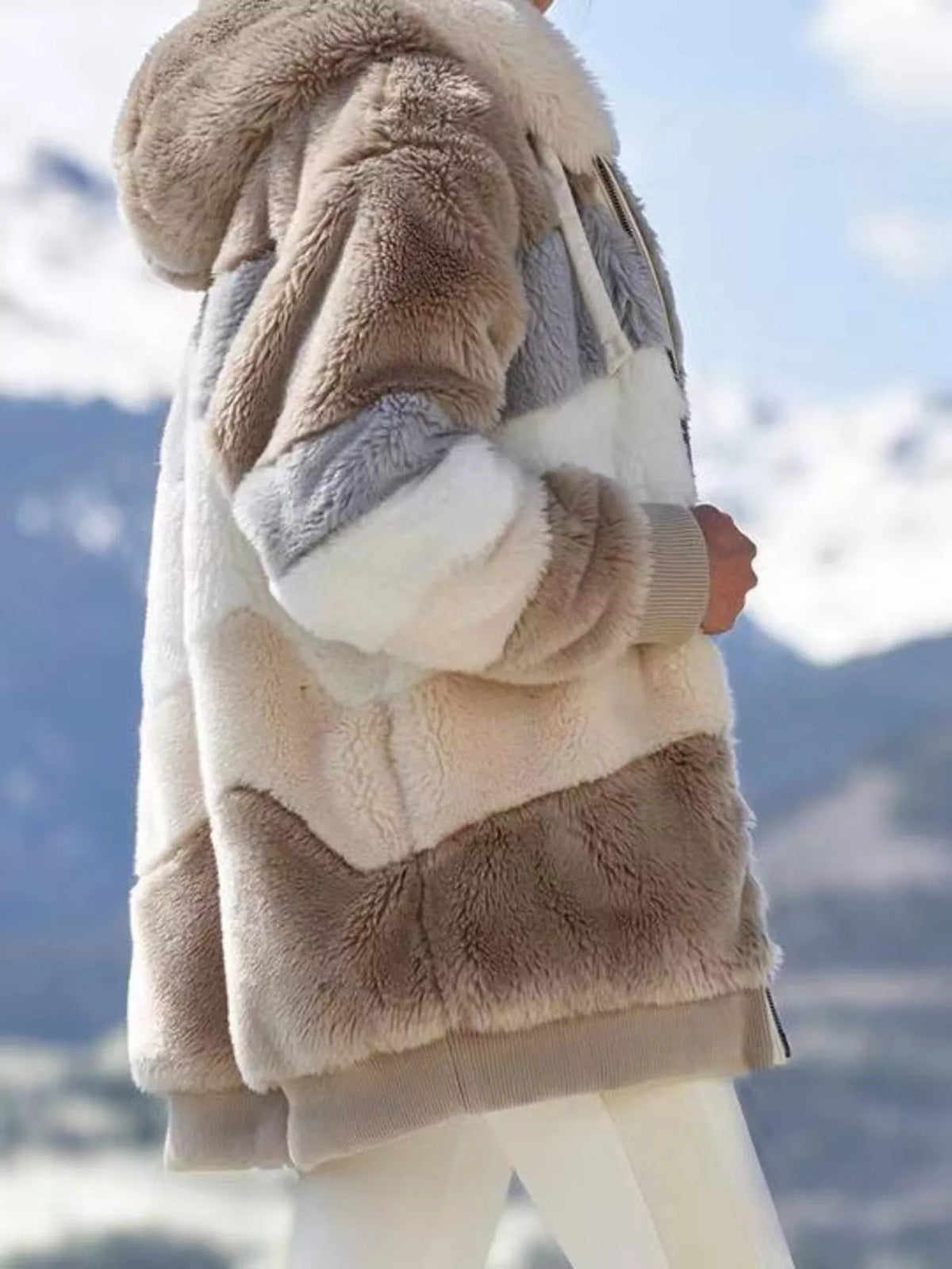 Full Size Fuzzy Zip Up Hooded Outerwear Plus Size, view 7