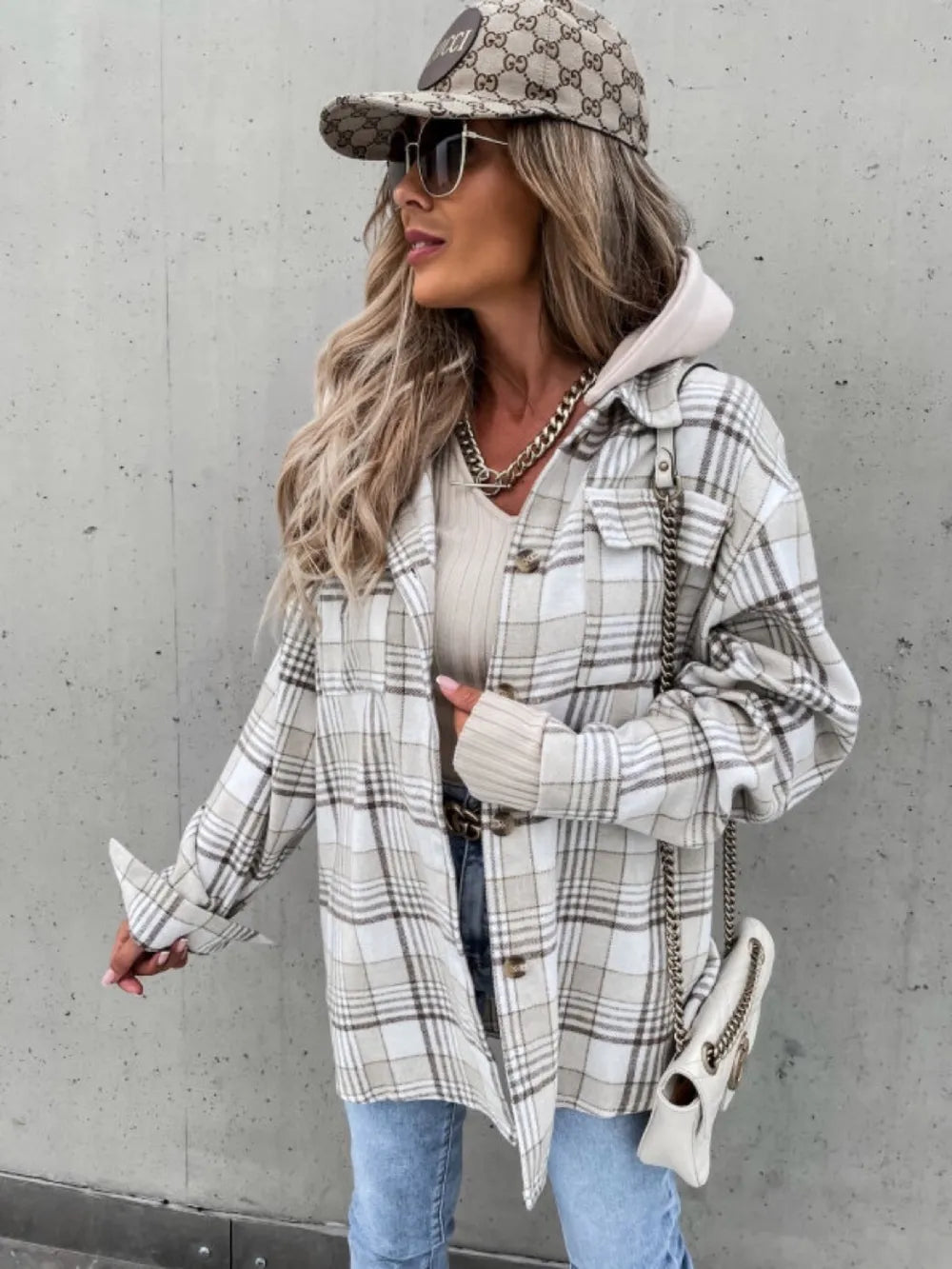 Plaid Dropped Shoulder Hooded Jacket, view 3