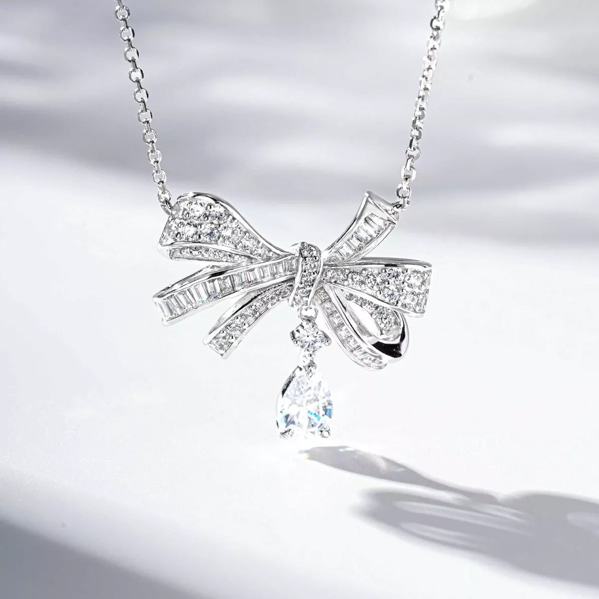 925 Sterling Silver Zircon Bow Teardrop Necklace