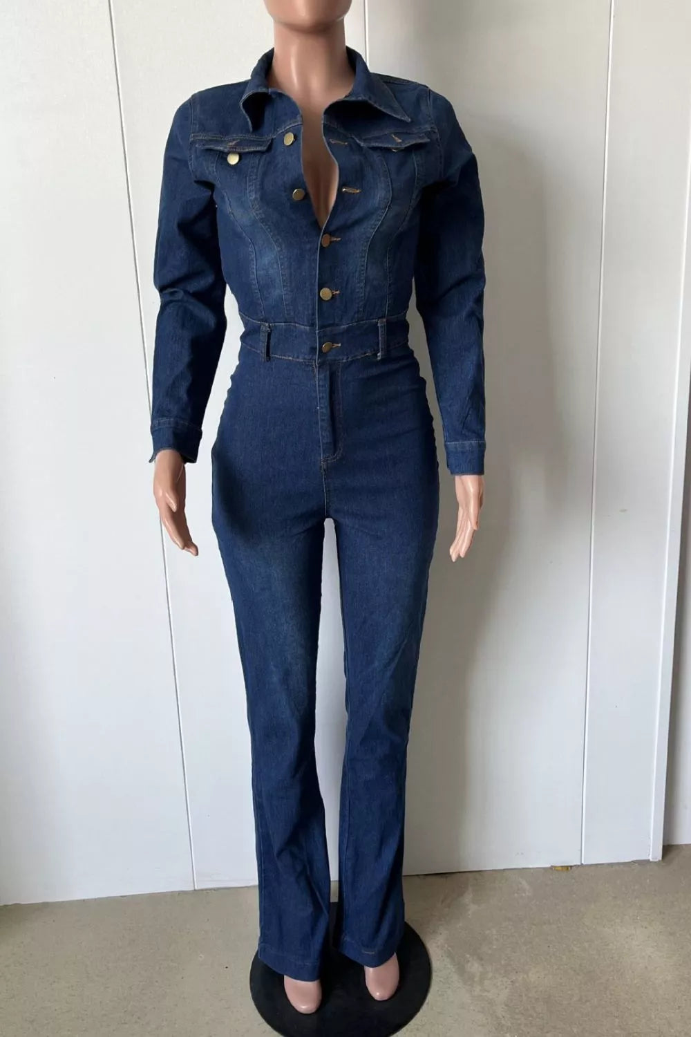 Slim-Fit Long Sleeve Denim Jumpsuit with Flared Legs in Dark Blue, view 5