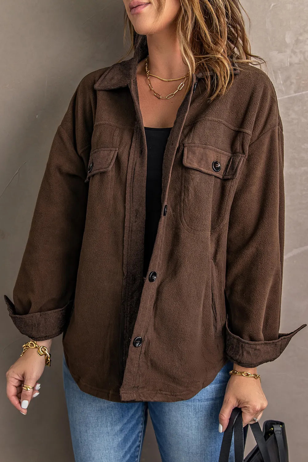 Button Up Collared Neck Long Sleeve Jacket in Chestnut