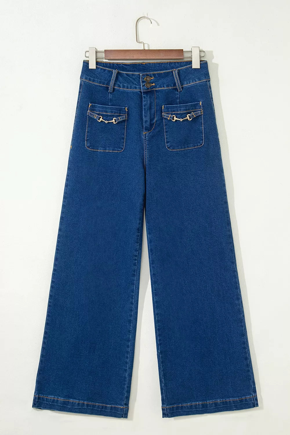 Hardware Decor Patched Pockets Wide Leg Jeans - Lilixa.store