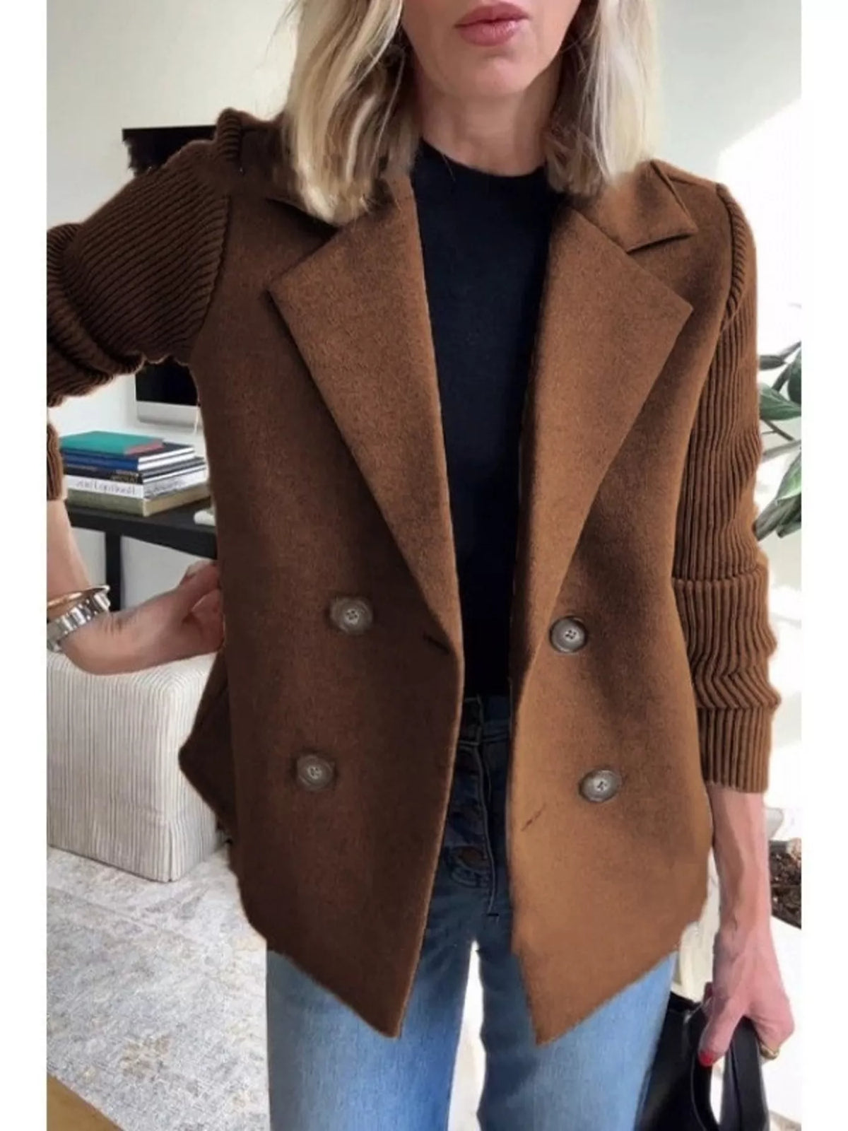 Full Size Knitted Sleeve Wool Blend Double-Breasted Blazer Plus Size - Lilixa.store