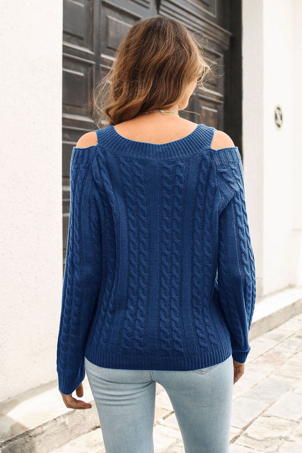 Cold Shoulder V-Neck Cable-Knit Pullover Sweater, view 10