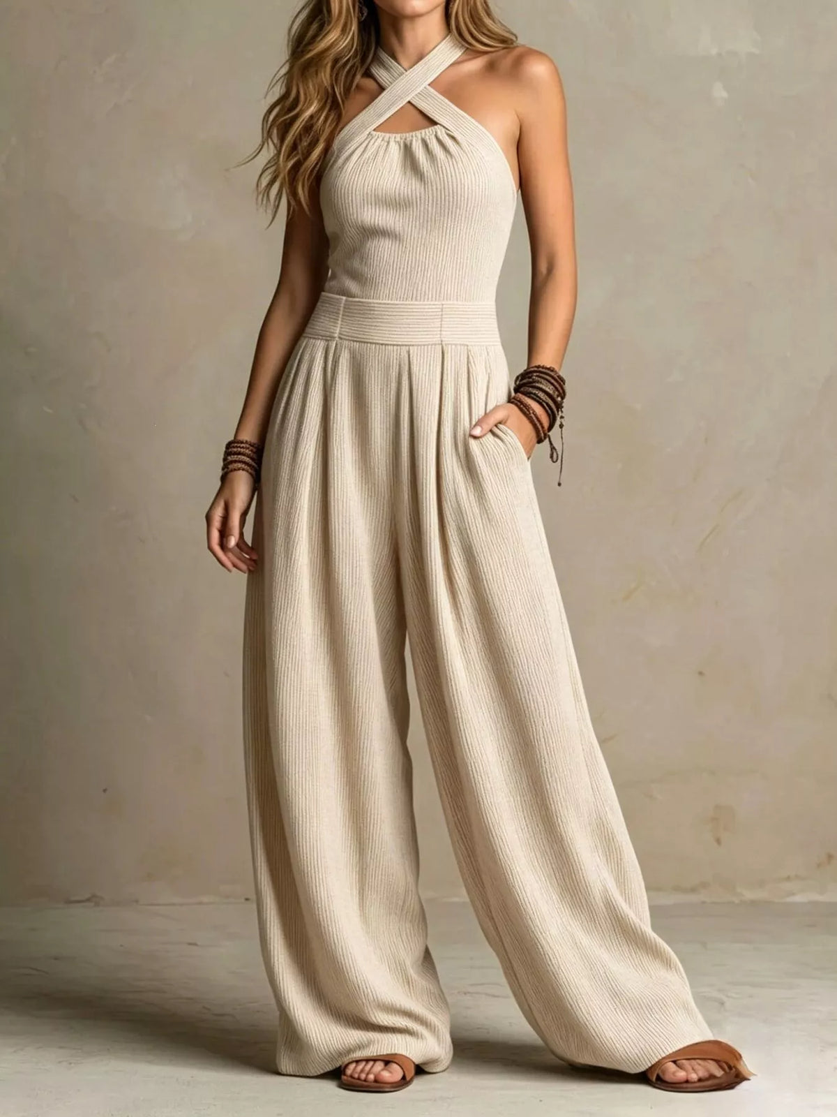 Halter Neck Wide-Leg Jumpsuit with Pockets - Lilixa.store