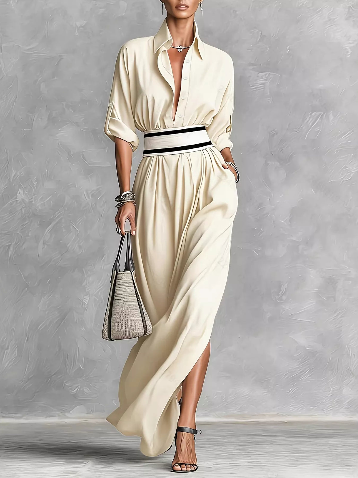 Slit Roll-Up Sleeve Maxi Dress - Lilixa.store