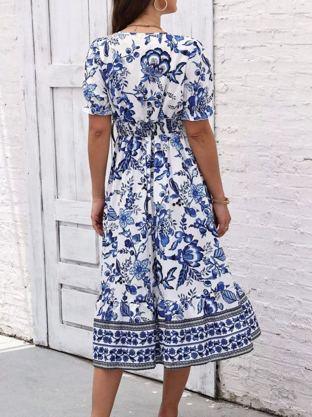 Floral Print Puff Sleeve Wrap Midi Dress