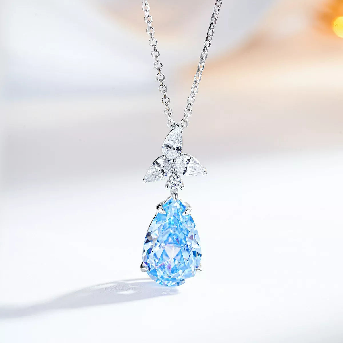 925 Sterling Silver Zircon Teardrop Necklace in Pastel Blue
