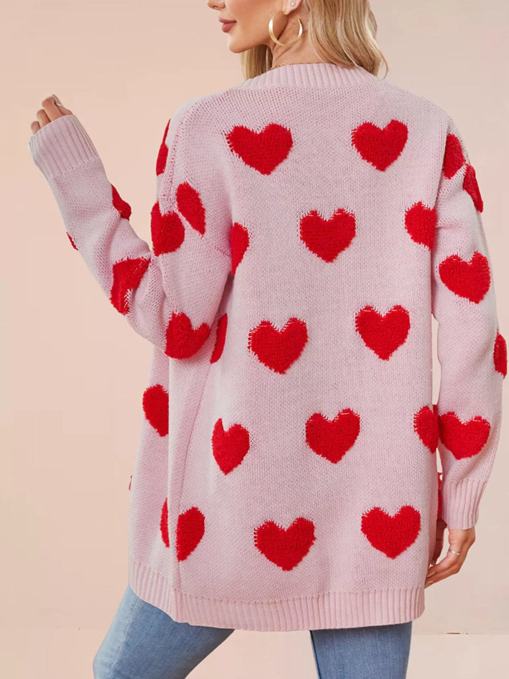 Heart Pattern V-Neck Button-Down Knit Cardigan - Lilixa.store