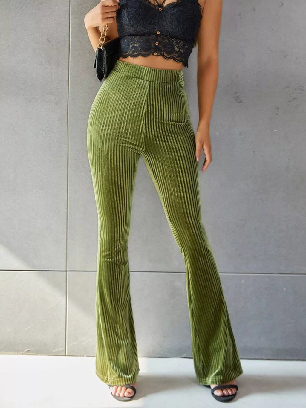 High-Waisted Ribbed Velvet Flare Pants - Lilixa.store