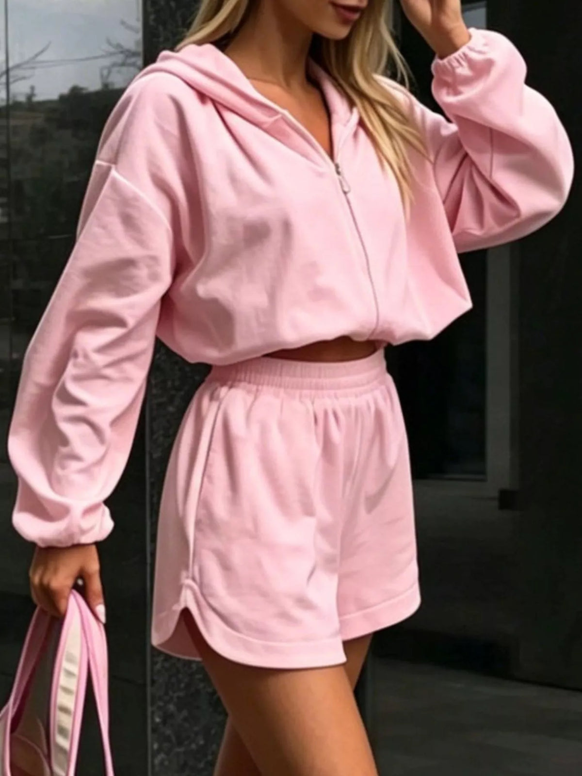Zip Up Crop Hoodie and Shorts Set, view 4