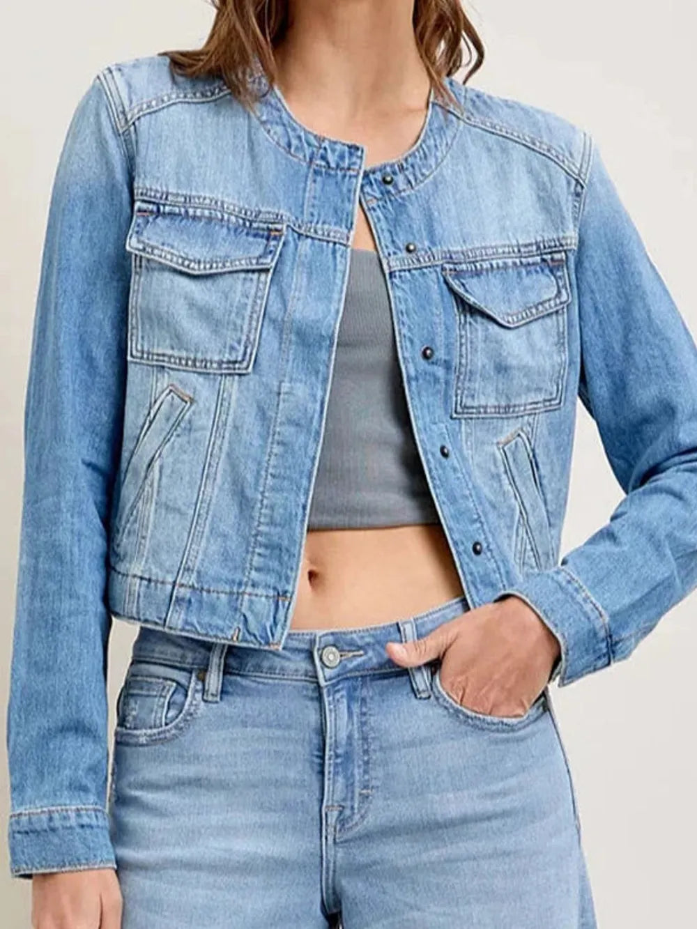 Snap Down Dropped Cargo Denim Jacket - Lilixa.store