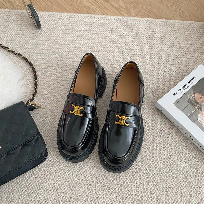 Round Toe Block Heel Loafers in Black Light