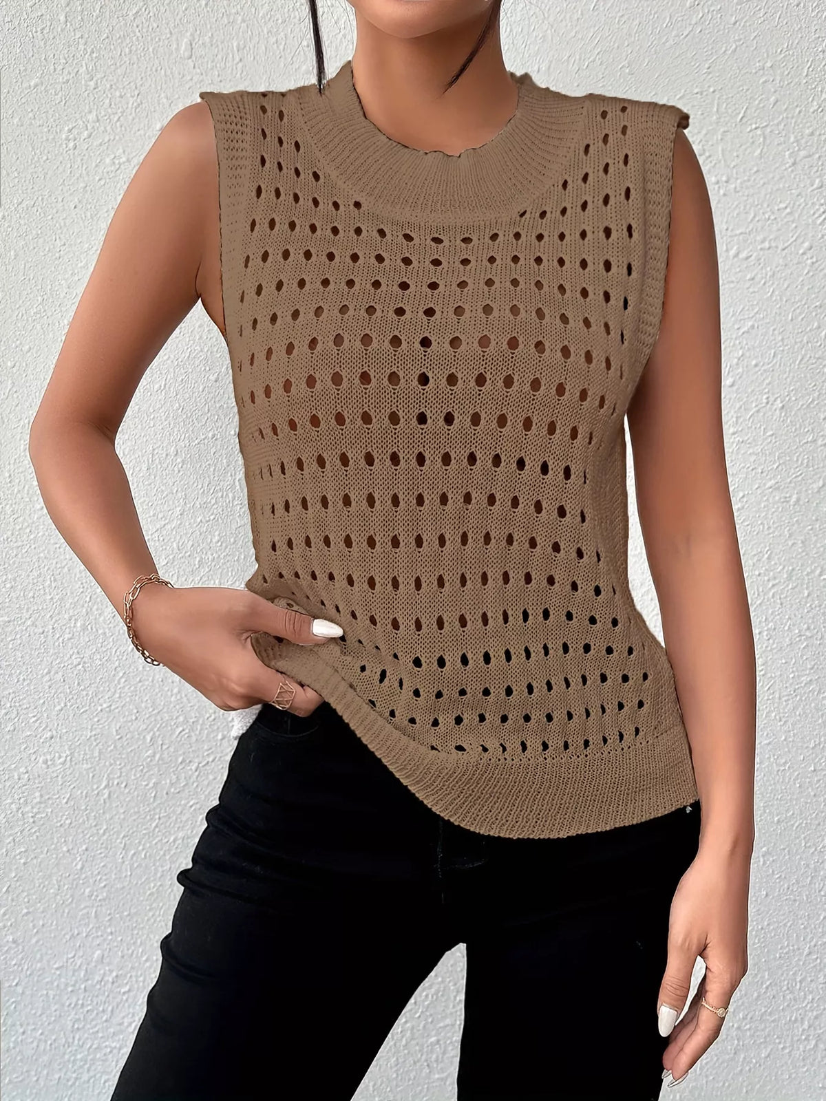 Hollow Out Round Neck Knit Tank in Camel