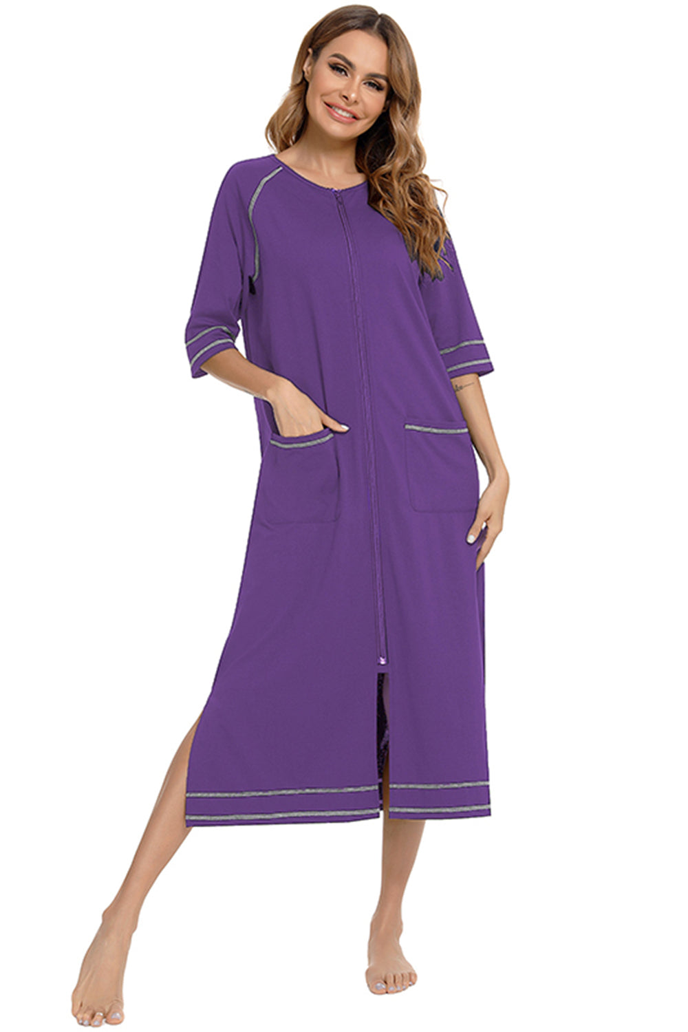 Zip Up Slit Round Neck Night Dress with Pockets - Lilixa.store