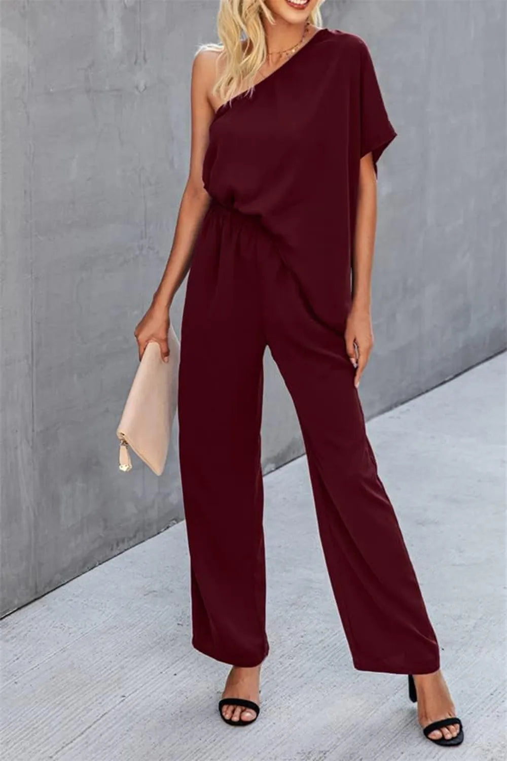 Single Shoulder Short Sleeve Jumpsuit - Lilixa.store