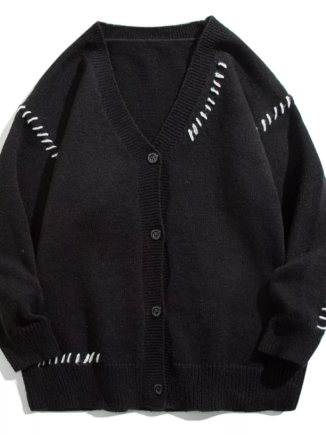 Men's Plus Size Ribbed Trim V-Neck Knit Cardigan in Black