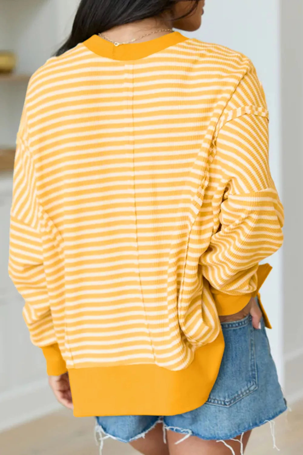 Stripe Halloween Pumpkin Face Waffle Knit Pullover Loose Top with Slits - Lilixa.store