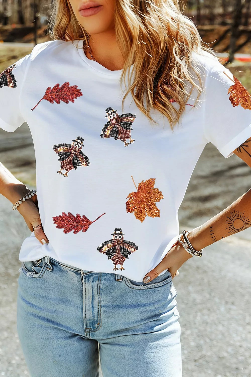 Full Size Sequin Autumn Leaf Thanksgiving Turkey T Shirt Plus Size - Lilixa.store