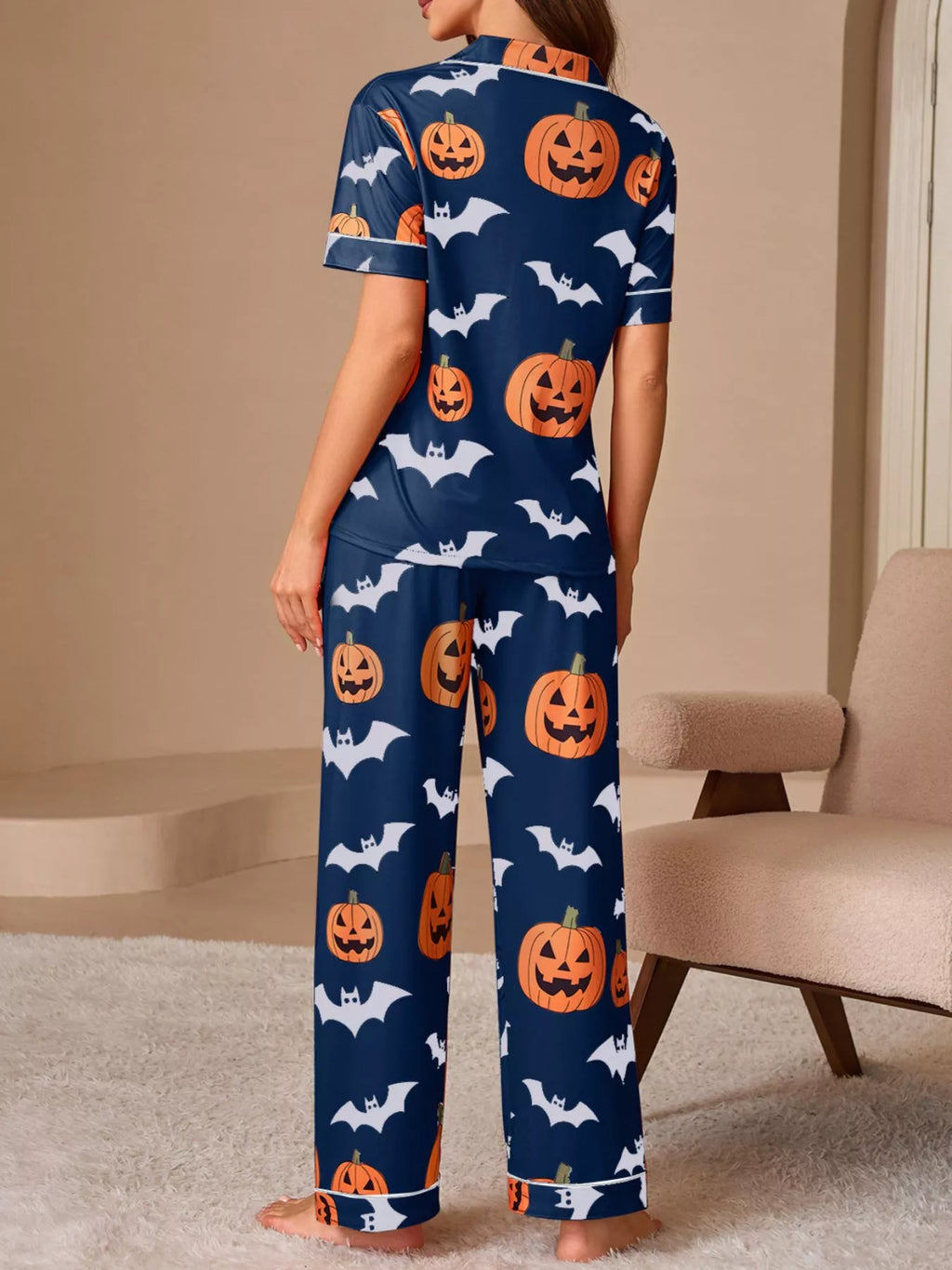 Halloween Pumpkin and Bat Print Button-Down Top and Pants Lounge Set - Lilixa.store