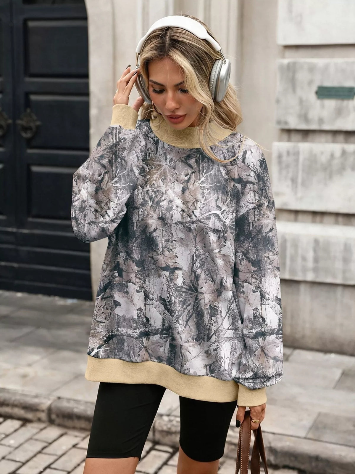 Camouflage Print Mock Neck Sweatshirt - Lilixa.store