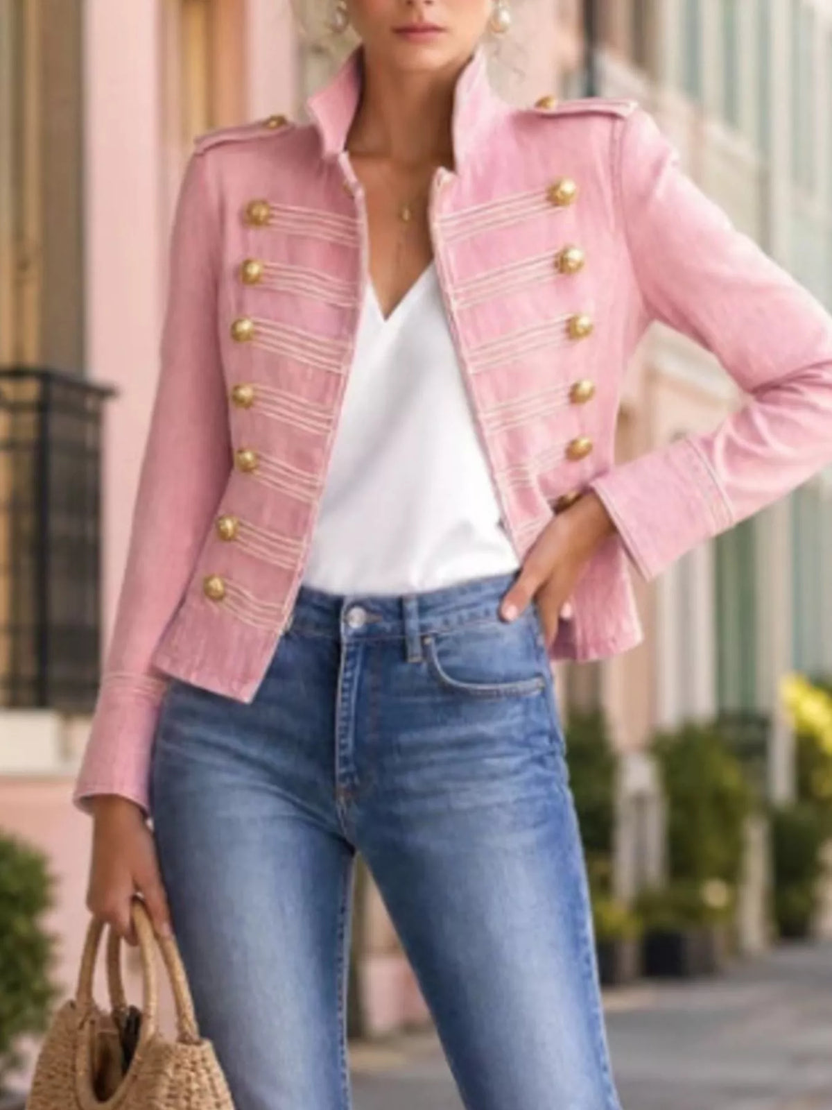 Military-Inspired Denim Jacket with Gold Button Detailing in Dusty Pink, view 3