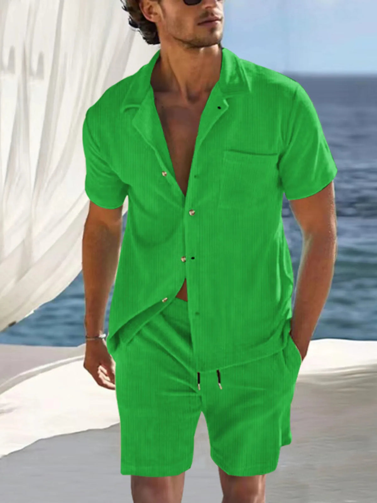 Men's Full Size Button Detail Short Sleeve Top and Shorts Set Plus Size in Grass Green