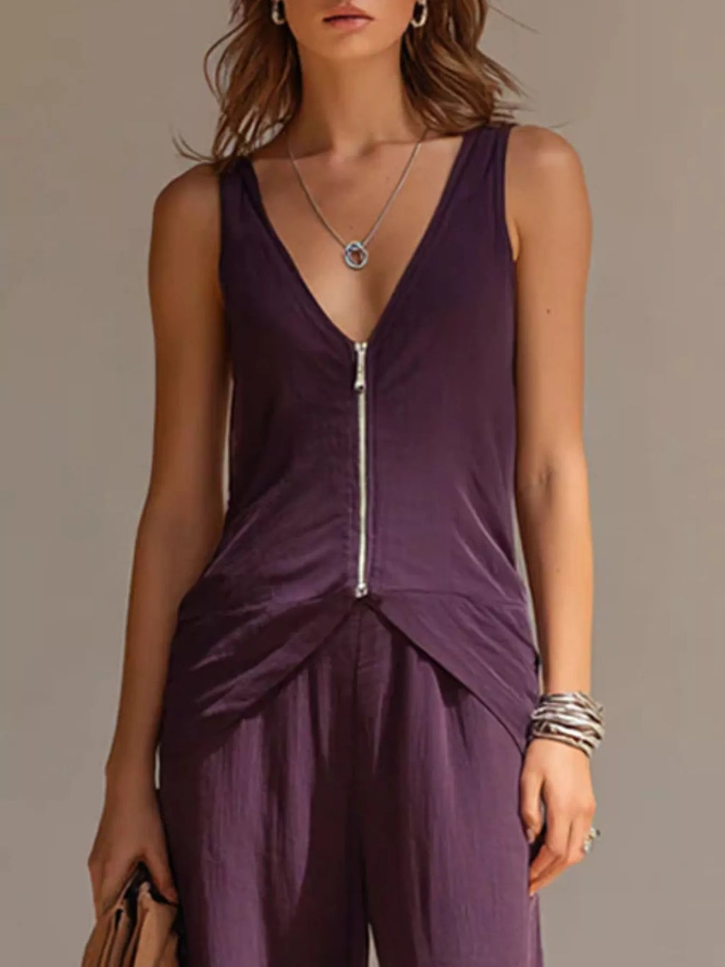 Full Size Zipper Front Tank and Wide-Leg Pants Set Plus Size - Lilixa.store