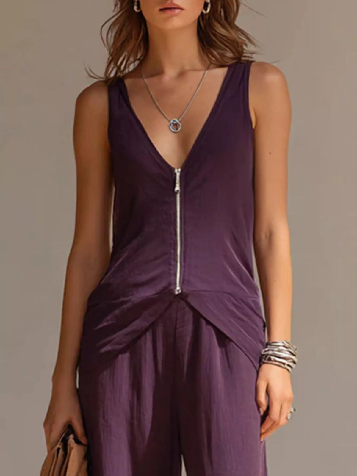 Full Size Zipper Front Tank and Wide-Leg Pants Set Plus Size - Lilixa.store