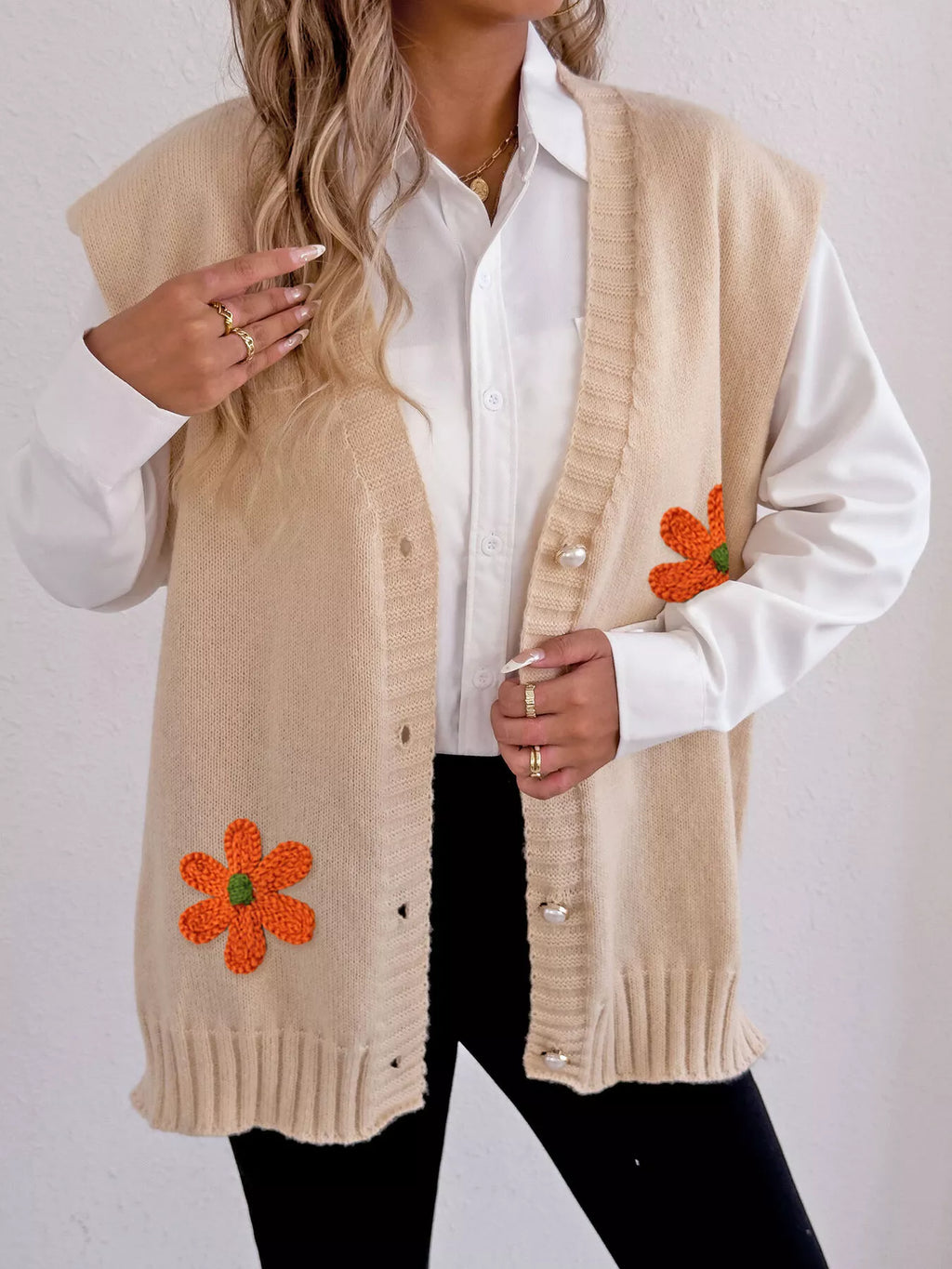 Flower V-Neck Sleeveless Cardigan - Lilixa.store